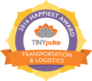 A digital award seal for the "2016 Happiest Award" from TINYpulse, specifically for the Transportation & Logistics sector, featuring a grey and orange lotus icon.