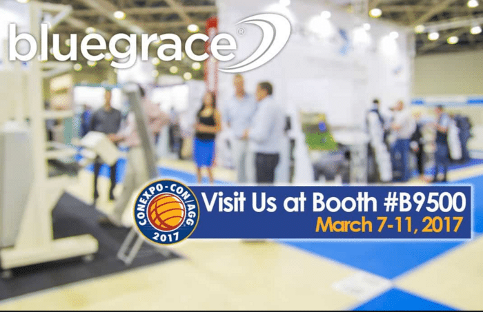 A promotional graphic for BlueGrace Logistics inviting attendees to visit booth #B9500 at CONEXPO-CON/AGG 2017, held from March 7-11, 2017.