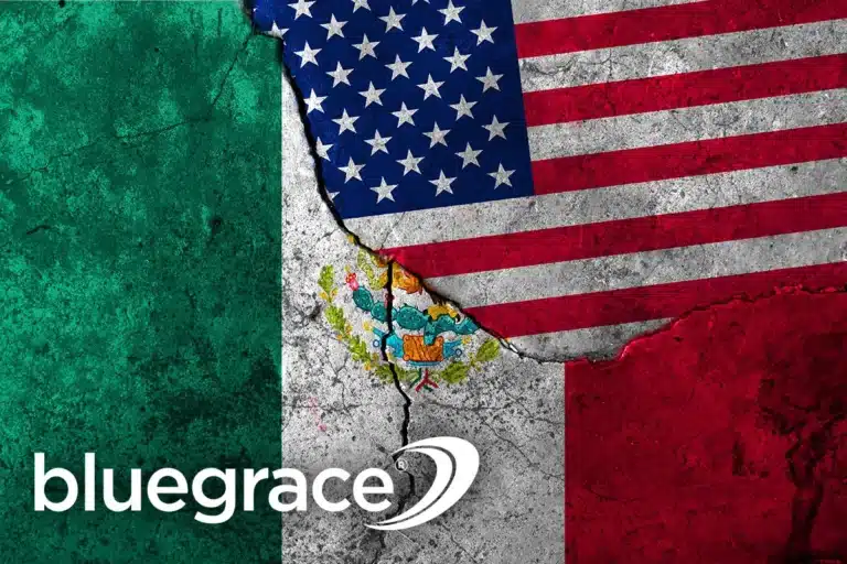 Cracked concrete surface featuring the flags of Mexico and the United States with the BlueGrace logo.