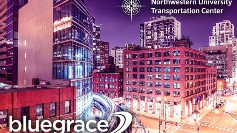 Night view of modern buildings and city streets titled Northwestern University Transportation Center.