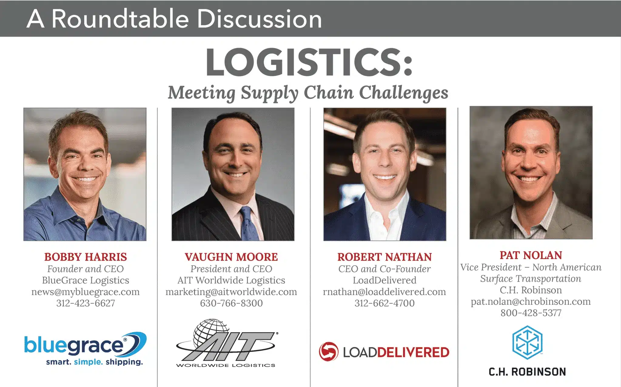 A promotional graphic for a roundtable discussion titled "Logistics: Meeting Supply Chain Challenges," featuring headshots and contact information for four industry leaders.
