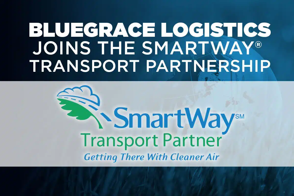 A promotional graphic announcing "BlueGrace Logistics Joins the SmartWay Transport Partnership," featuring the SmartWay Transport Partner logo and the tagline "Getting There With Cleaner Air".