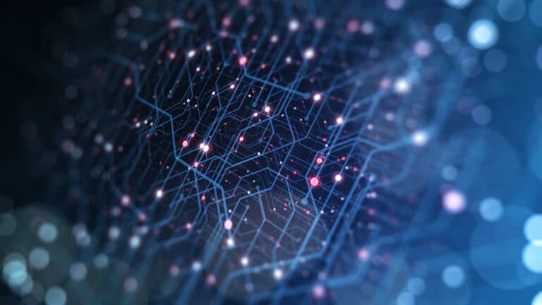 Abstract digital circuit board with glowing blue network lines and pink data nodes.