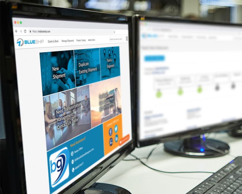 Two computer monitors in an office setting displaying the BlueShip supply chain software interface.