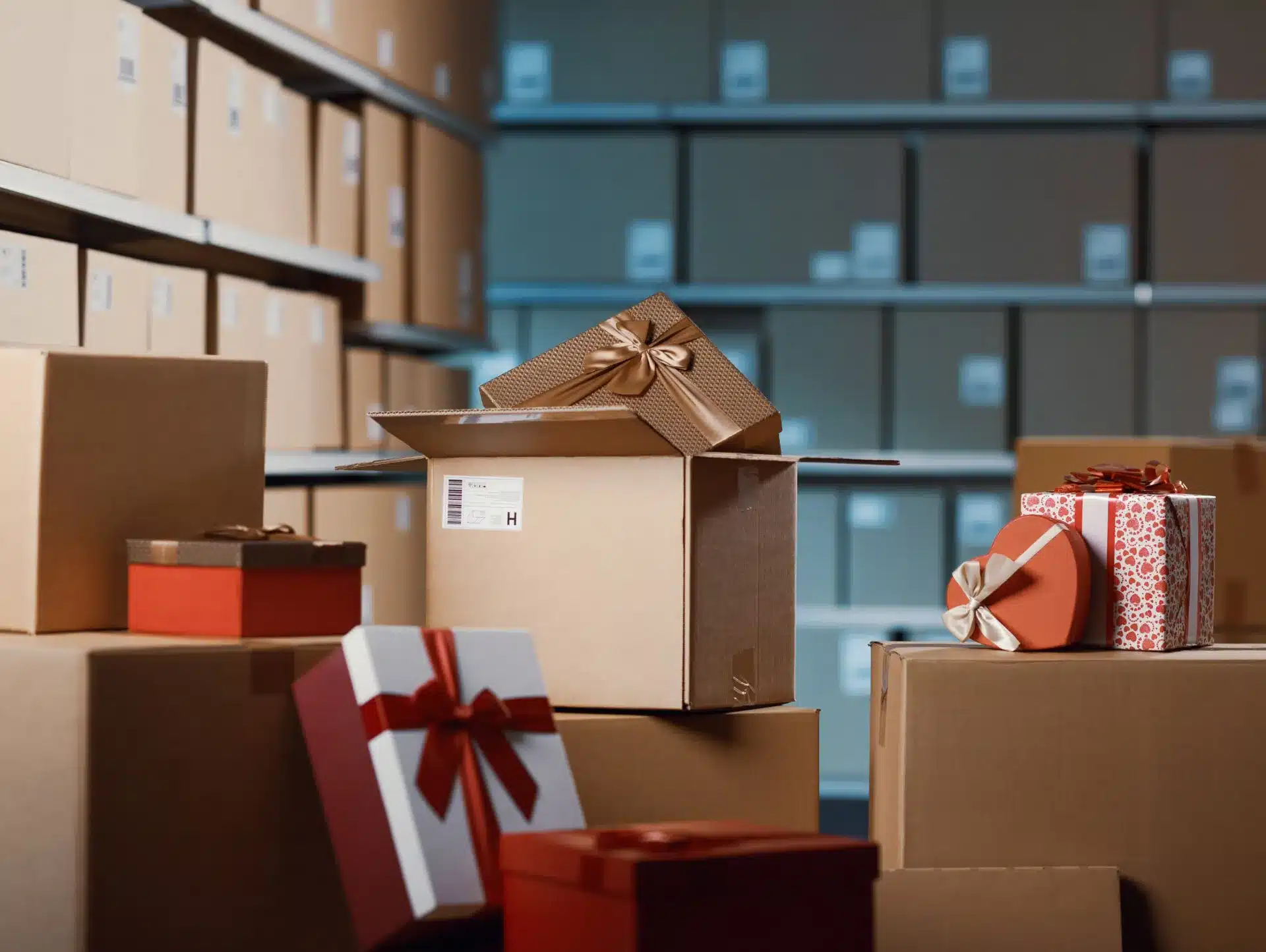 Warehouse shelving stocked with cardboard shipping boxes, featuring gift-wrapped packages and a heart-shaped box in the foreground.