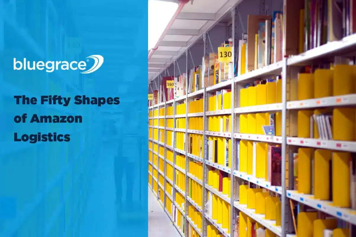 BlueGrace banner: The Fifty Shapes of Amazon Logistics showing warehouse shelves with yellow bins.