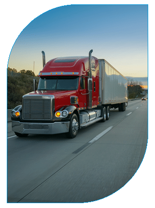 A large red semi-truck with a white trailer traveling on an open asphalt highway during a golden sunset, framed within a curved graphic border.
