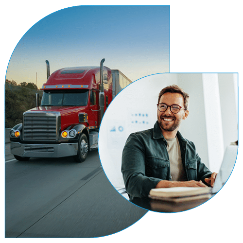 Composite image featuring a red semi-truck hauling freight on a highway alongside a portrait of a smiling logistics manager working on a laptop.