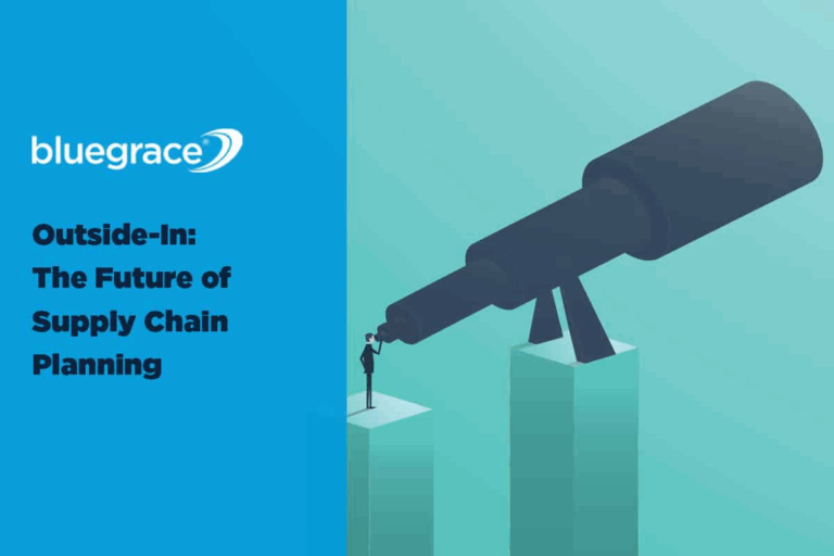 BlueGrace banner: Outside-In: The Future of Supply Chain Planning with an illustration of a man using a telescope.