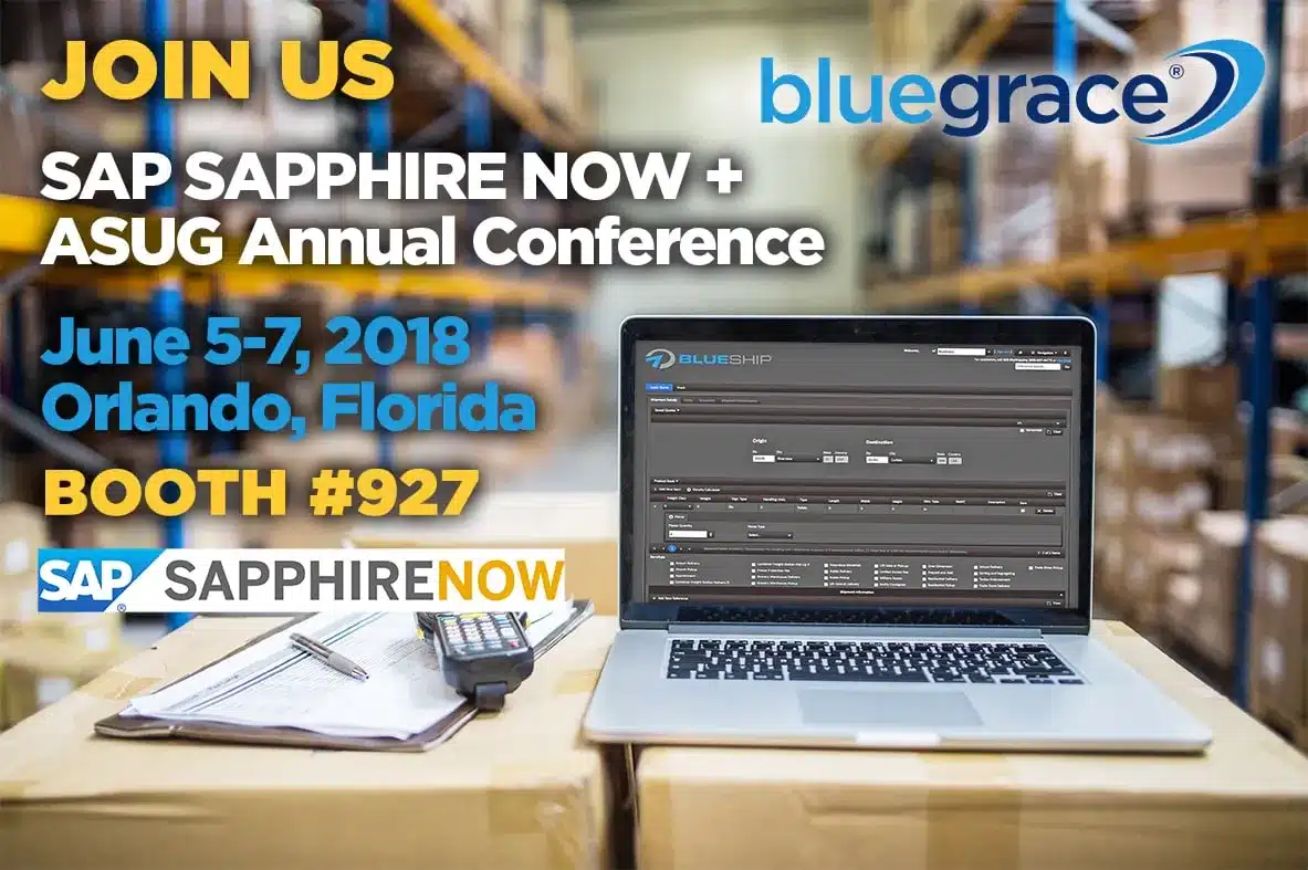 SAP SAPPHIRE NOW 2018 event banner: June 5-7 in Orlando, Booth 927 featuring BlueShip software on a laptop.