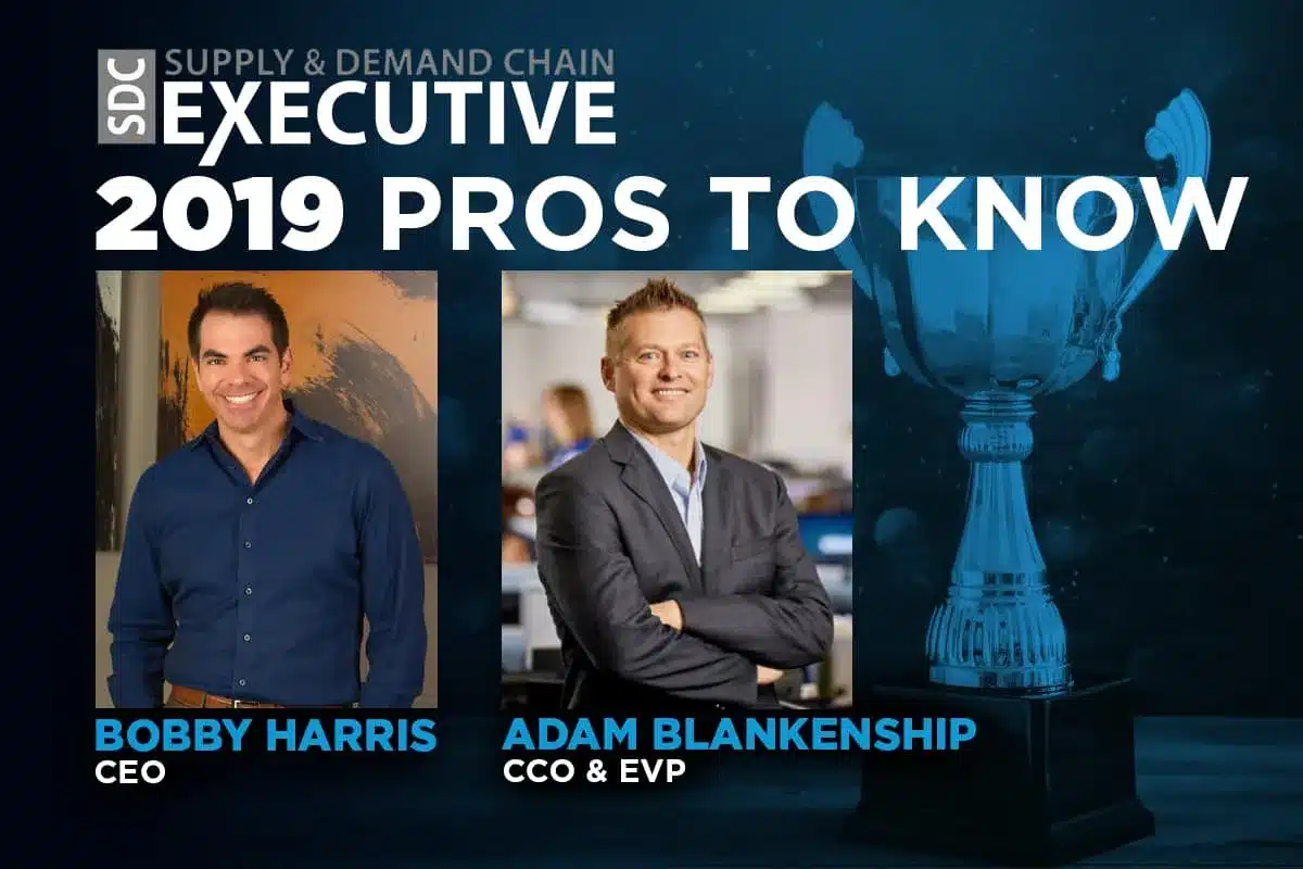 A promotional graphic titled "2019 Pros to Know" from Supply & Demand Chain Executive, featuring Bobby Harris (CEO) and Adam Blankenship (CCO & EVP) alongside a large trophy icon.
