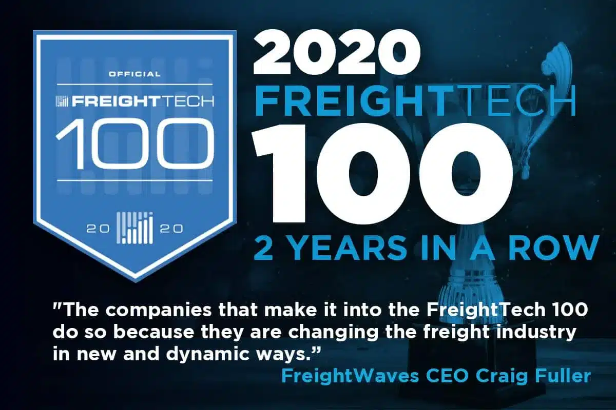 A promotional graphic announcing BlueGrace Logistics' inclusion in the "2020 FreightTech 100" for two consecutive years.