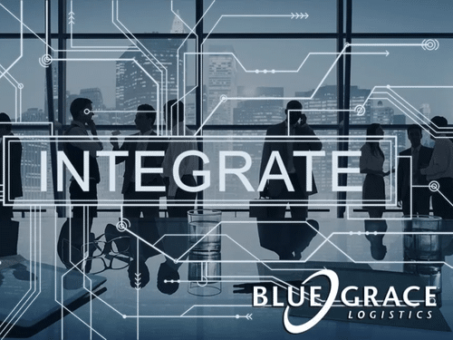 Silhouettes of business professionals in a modern office with a digital circuit overlay and the prominent text 'INTEGRATE'