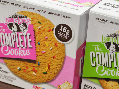 Lenny and Larry's The Complete Cookie Birthday Cake flavor 16 grams of protein plant-based vegan cookie.