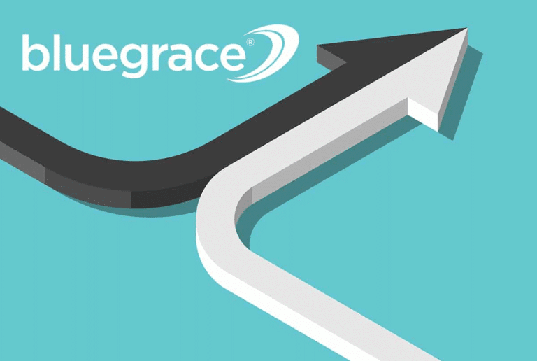 BlueGrace logo with black and white arrows merging into a single upward-pointing arrow on a teal background.