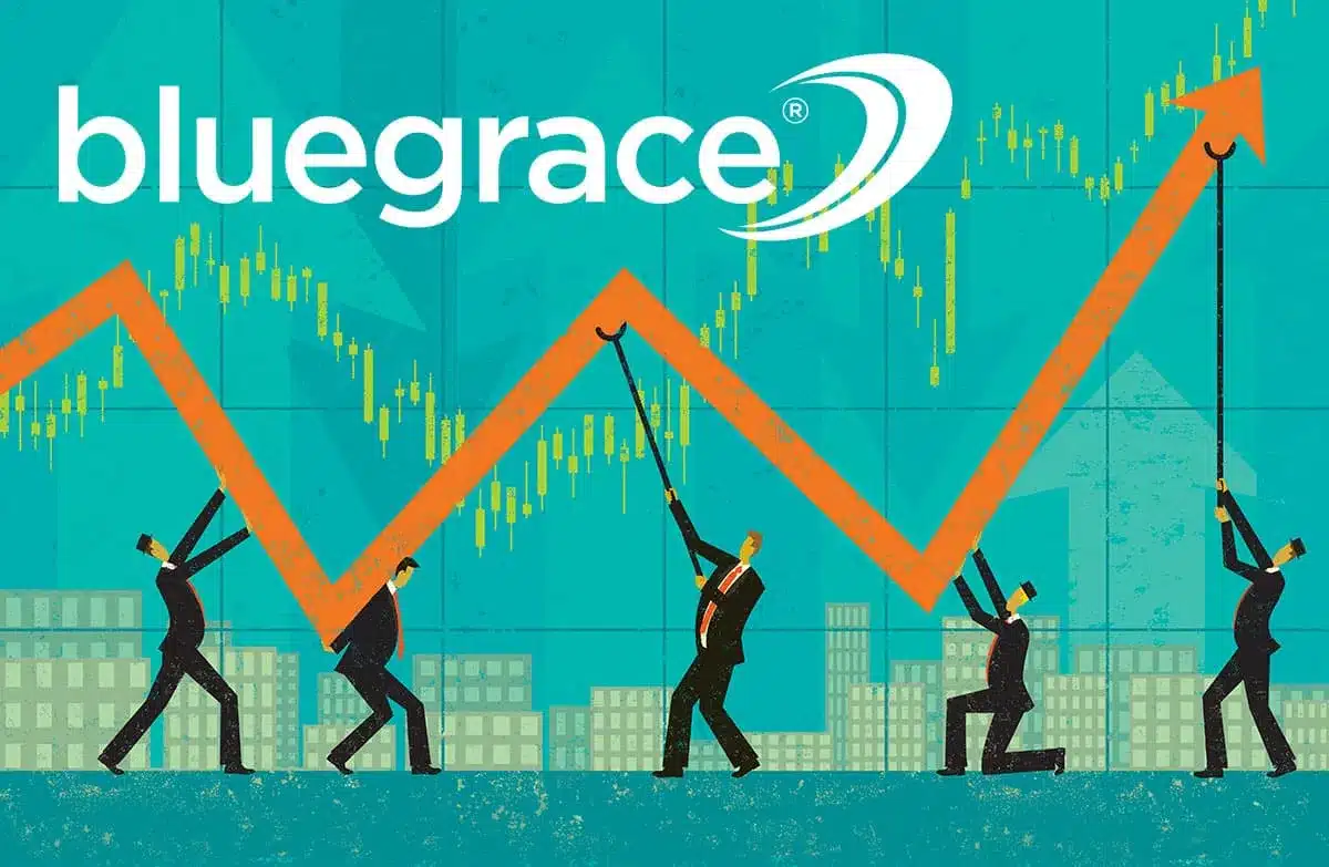 A conceptual illustration featuring five businessmen in suits working together to push up a large orange arrow representing a rising financial trend line against a teal background with the BlueGrace logo.