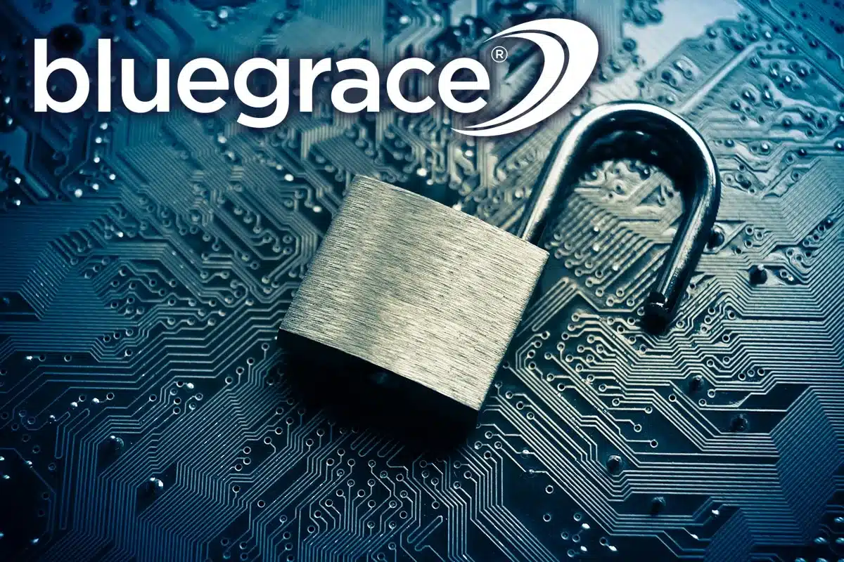 Open silver padlock resting on a blue digital circuit board with the BlueGrace logo.