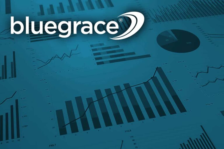 Blue-tinted dashboard showing various business charts, bar graphs, and a pie chart with BlueGrace logo.