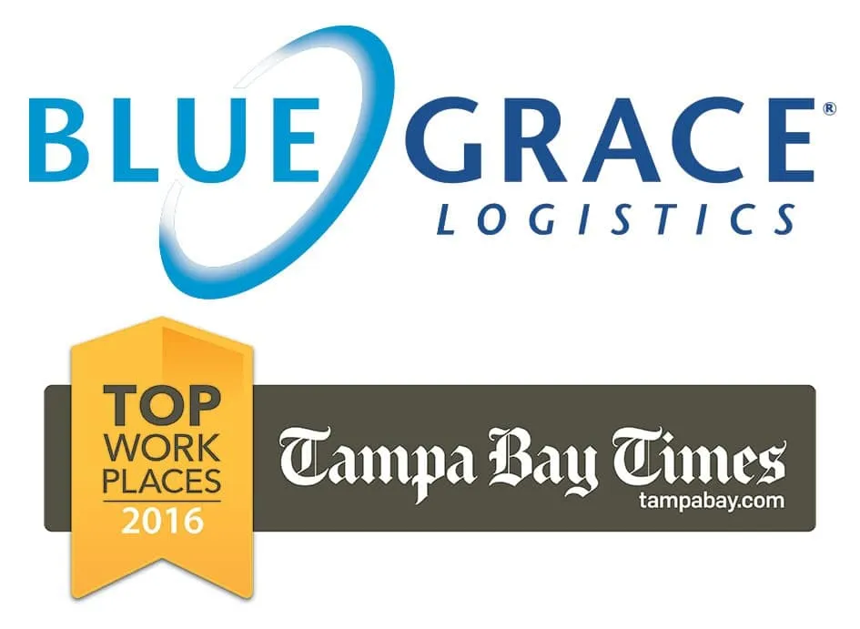 A promotional graphic featuring the BlueGrace Logistics logo above the "Top Work Places 2016" award seal from the Tampa Bay Times.