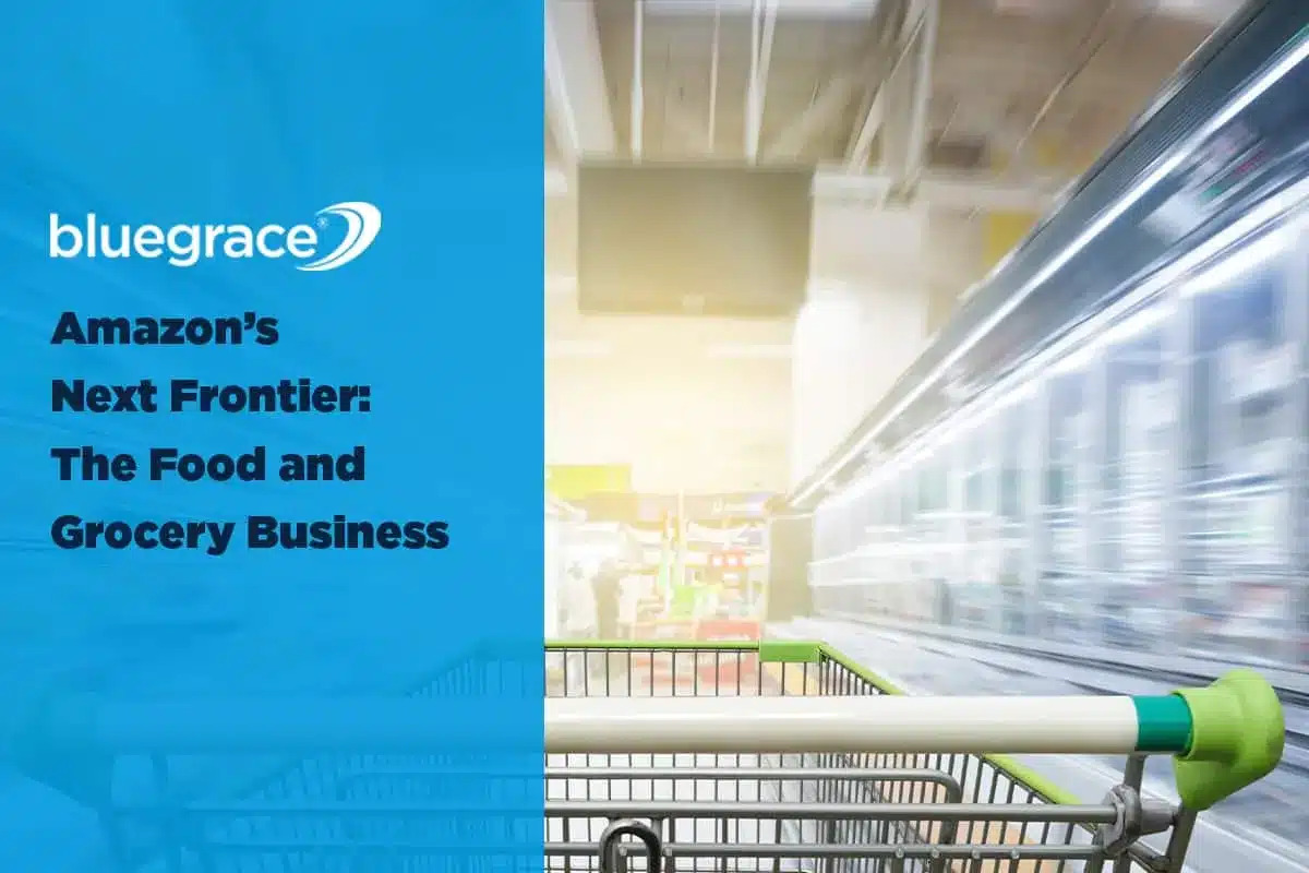 BlueGrace banner: Amazon's Next Frontier: The Food and Grocery Business with a blurred grocery aisle background.