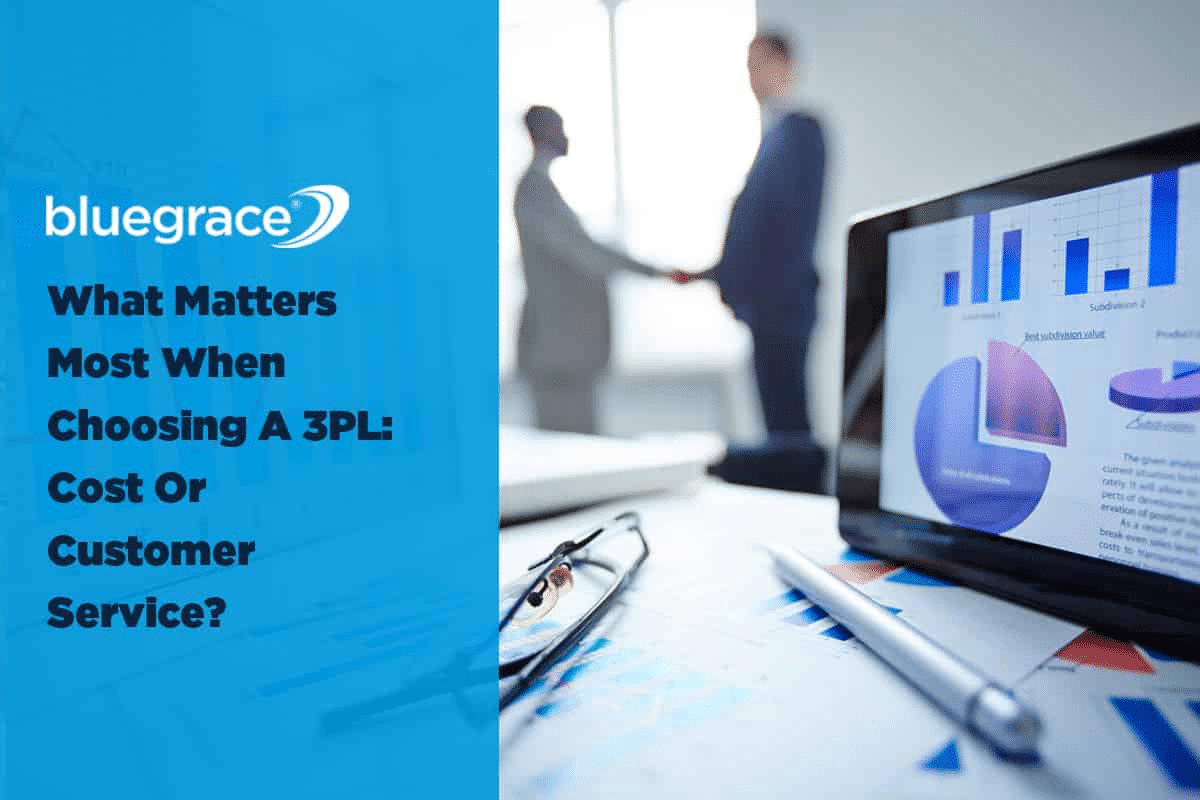 BlueGrace banner: What Matters Most When Choosing A 3PL: Cost Or Customer Service? alongside data charts on a tablet.