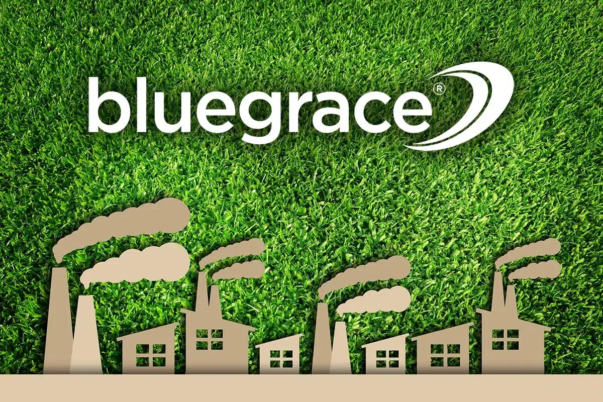 BlueGrace logo with paper-cutout factory silhouettes against a lush green grass background.