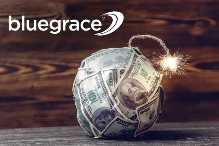 BlueGrace logo above a spherical bomb made of one-hundred-dollar bills with a lit, sparking fuse.