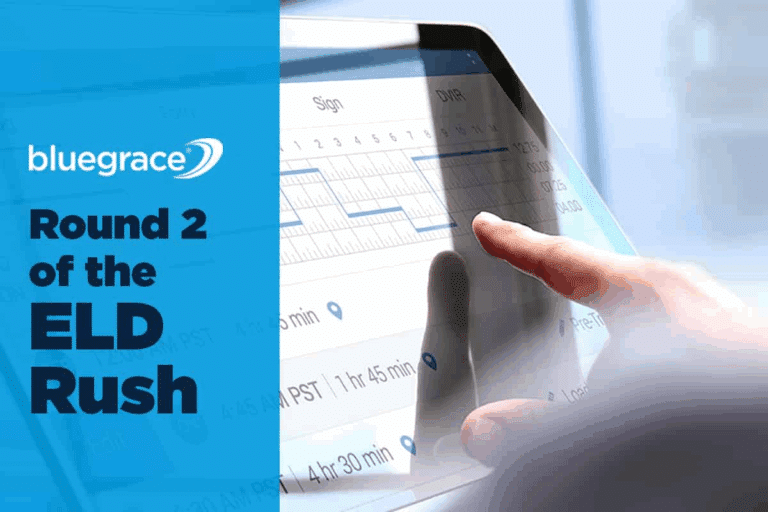 A promotional graphic for BlueGrace Logistics titled "Round 2 of the ELD Rush," featuring a close-up of a finger interacting with a digital tablet displaying an Electronic Logging Device (ELD) interface.
