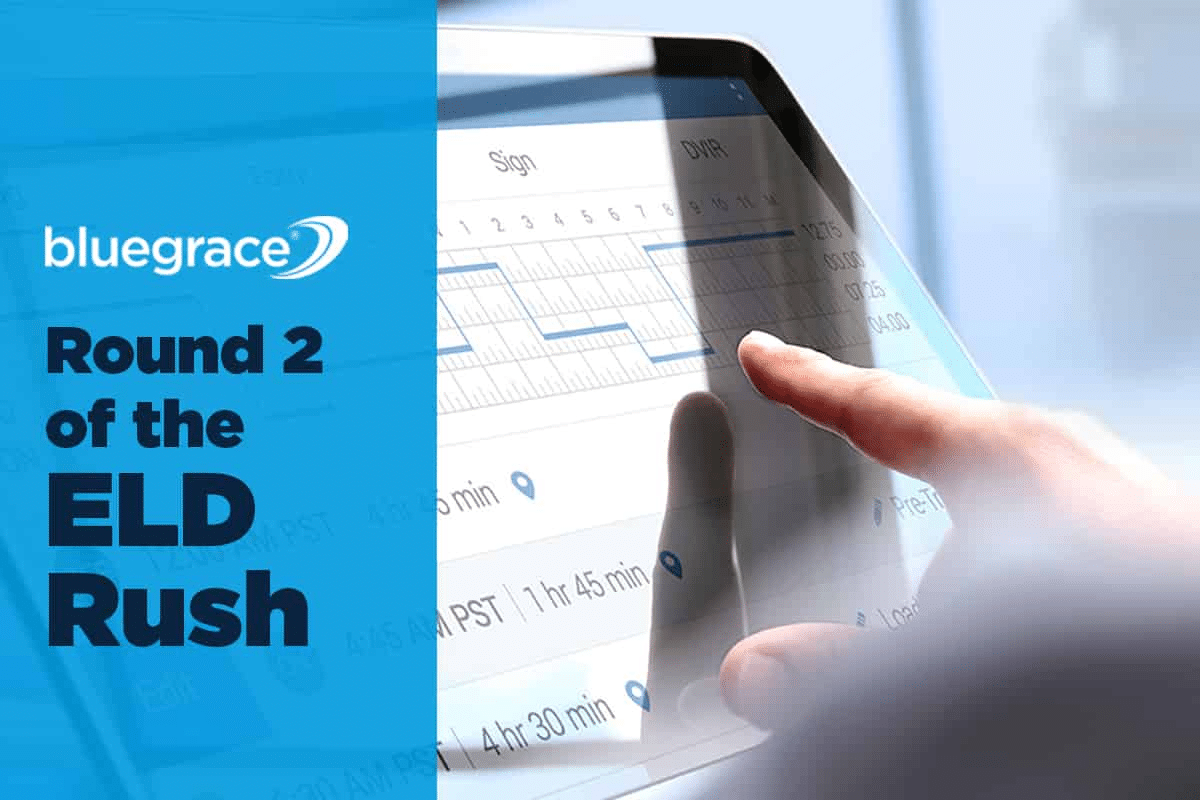 A promotional graphic for BlueGrace Logistics titled "Round 2 of the ELD Rush," featuring a close-up of a finger interacting with a digital tablet displaying an Electronic Logging Device (ELD) interface.