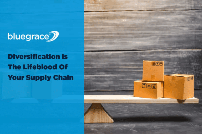 BlueGrace banner: Diversification Is The Lifeblood Of Your Supply Chain with boxes on a balance scale.