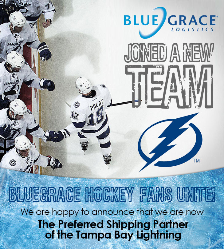 A promotional graphic for BlueGrace Logistics announcing their partnership as the "Preferred Shipping Partner of the Tampa Bay Lightning," featuring hockey players in white "Tampa Bay" jerseys on the ice.