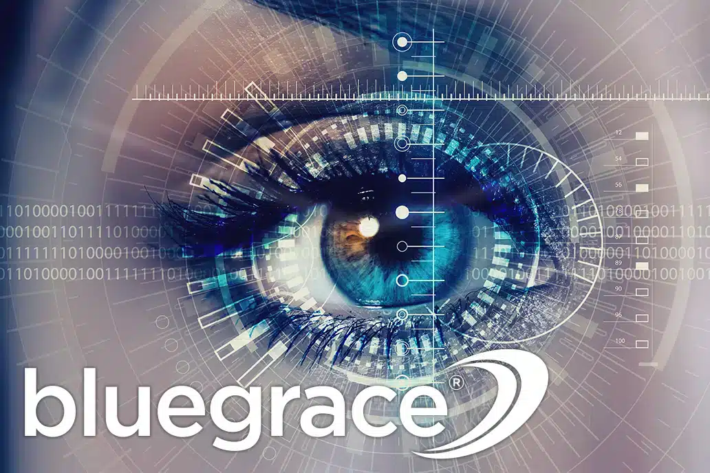 Close-up of a human eye with digital target overlays and binary code with the BlueGrace logo.