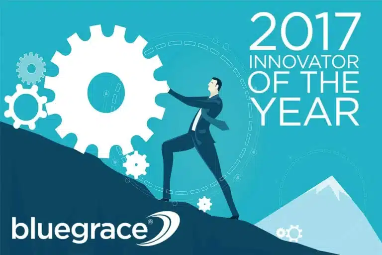 BlueGrace banner: 2017 Innovator of the Year showing a man pushing a large gear up a hill.