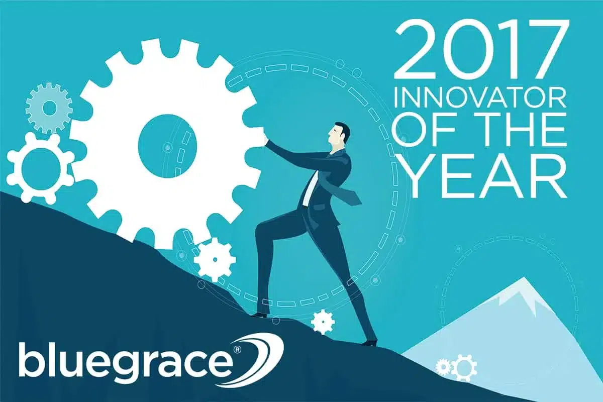 BlueGrace banner: 2017 Innovator of the Year showing a man pushing a large gear up a hill.