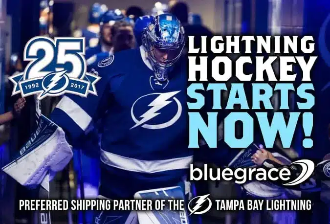 Tampa Bay Lightning 25th Anniversary: Preferred Shipping Partner banner with hockey player.