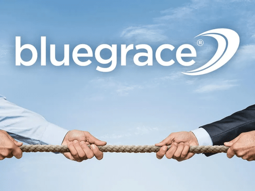 businessmen tugging on a rope with bluegrace logo on top of cloud background