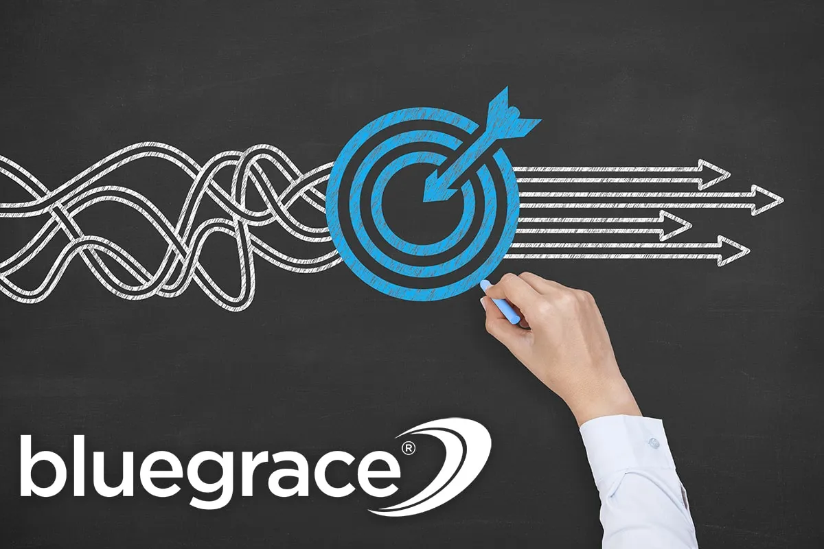 Hand drawing a straight arrow through a target to simplify a messy scribbled line with the BlueGrace logo.