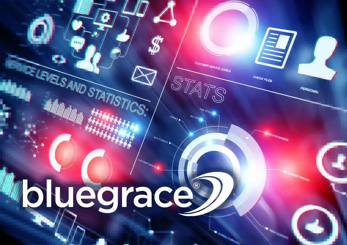 BlueGrace logo with a futuristic digital dashboard showing "STATS" and service level infographics.