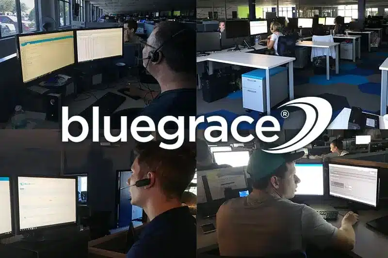 Grid of four photos showing BlueGrace employees working at computers and wearing headsets in an office.