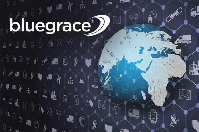 A digital globe surrounded by a network of icons representing trucks, planes, security, and data.