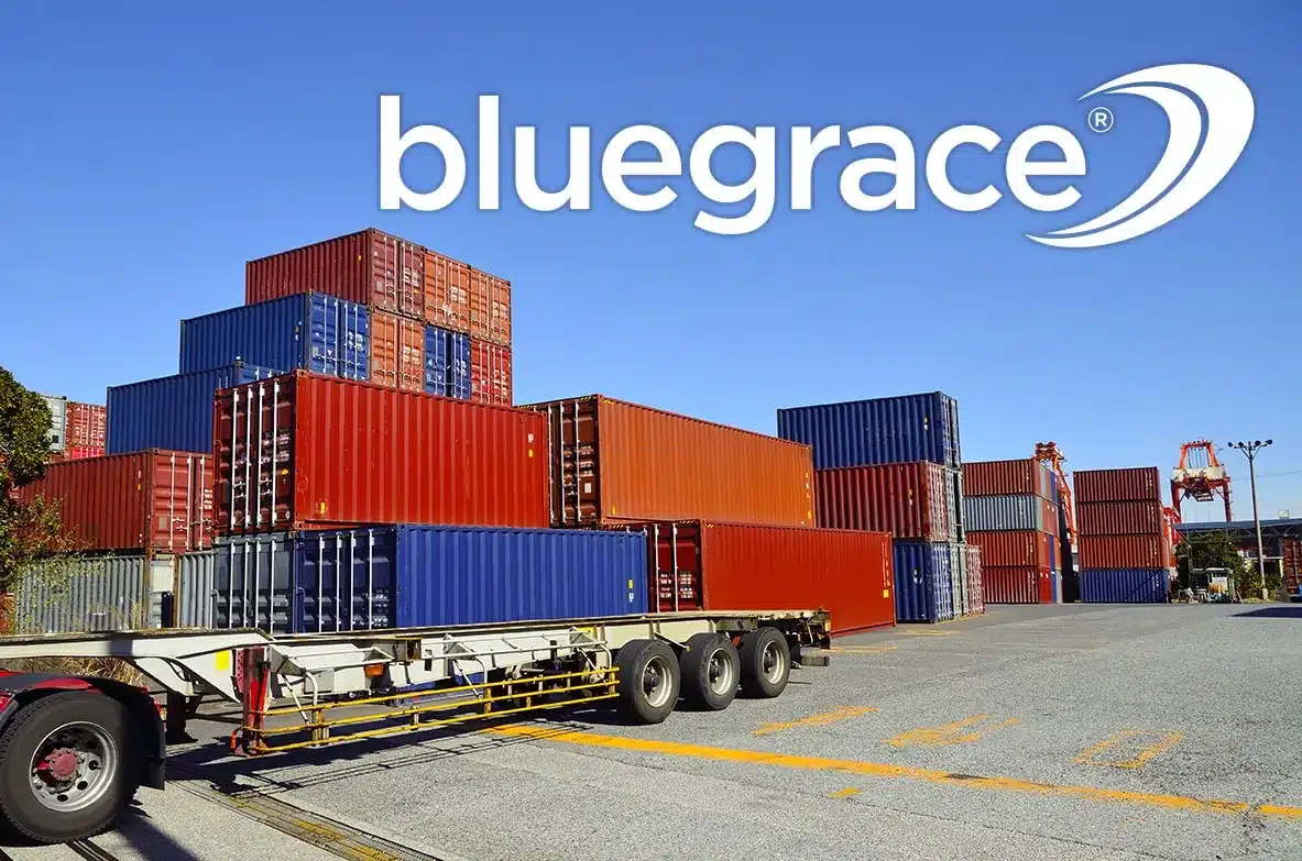 BlueGrace logo above stacks of colorful red and blue shipping containers at a port under a clear sky.