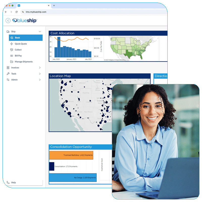 A collage featuring a smiling professional man in glasses working at a desk, partially overlapping an image of a white semi-truck trailer parked outdoors during a golden sunset.