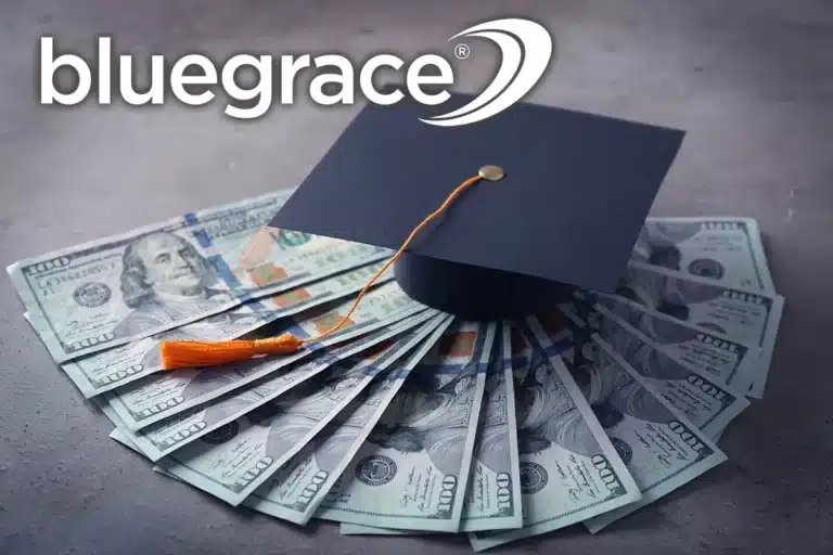 BlueGrace logo above a graduation cap resting on a fan of one-hundred-dollar bills.