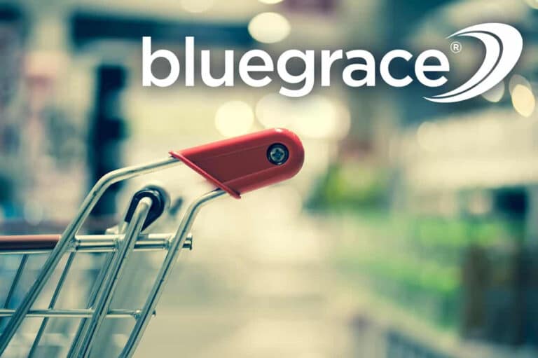 Close-up of a red-handled shopping cart in a blurred retail aisle with the Bluegrace logo overlaid.