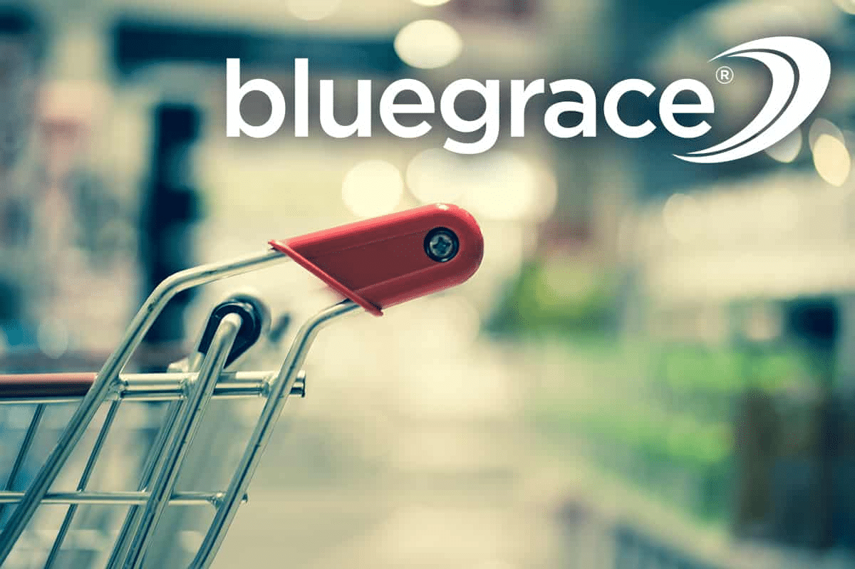 Close-up of a red-handled shopping cart in a blurred retail aisle with the Bluegrace logo overlaid.