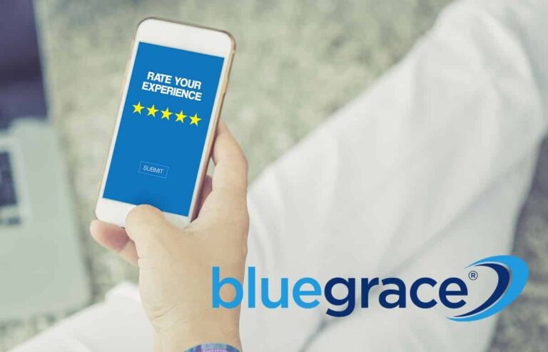 Person holding a smartphone displaying a "Rate Your Experience" five-star rating with BlueGrace logo.