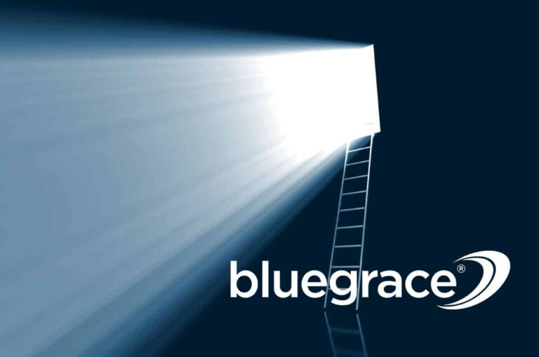BlueGrace logo below a ladder leading up to a bright, glowing door in a dark space.