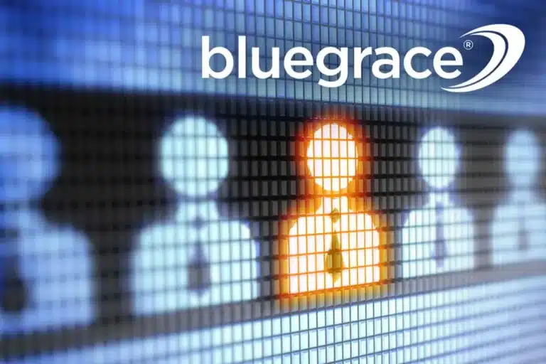 Row of digital person icons with one silhouette illuminated in orange under the BlueGrace logo.