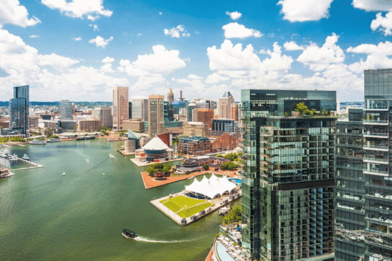 Aerial view of Baltimore Inner Harbor and skyline