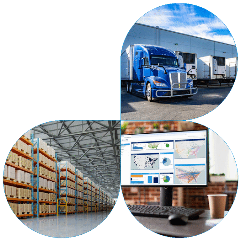 three petals with images inside featuring a warehouse, loading dock, and inventory screen